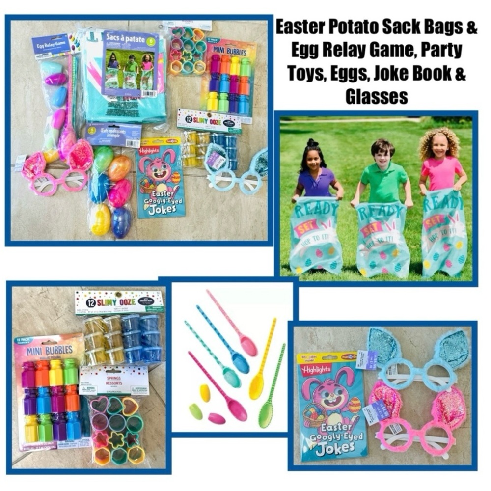 Easter Potato Sack Bags & Egg Relay Game, Party Toys, Eggs, Joke Book & Glasses